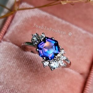 Hexagon tanzanite diamond ring in sterling silver